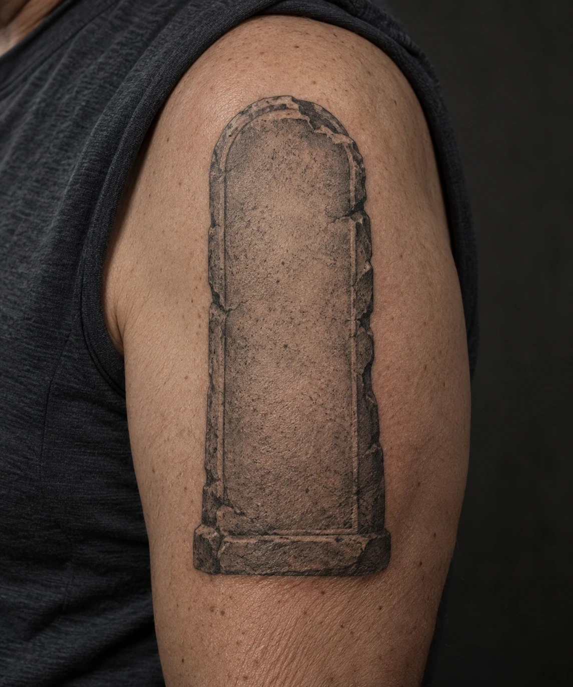 Rounded-top stone-slab tattoo with a blank centre and carved border on an upper arm
