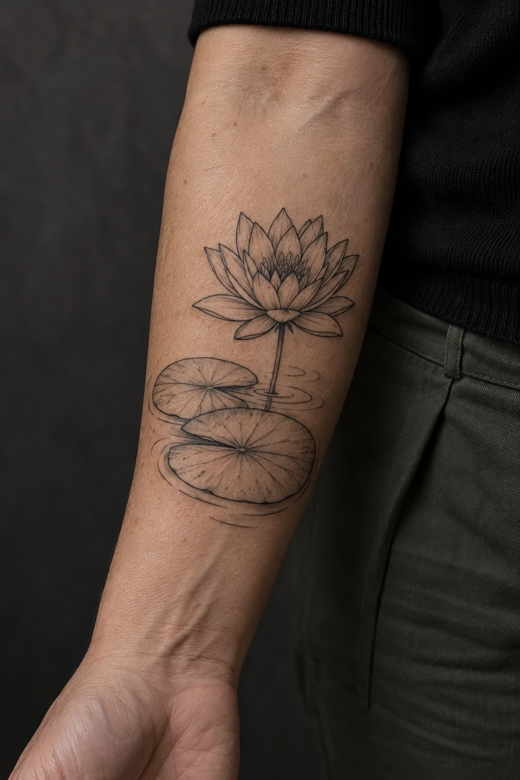 Outlined water-lily tattoo with two lily pads and ripples on an inner forearm