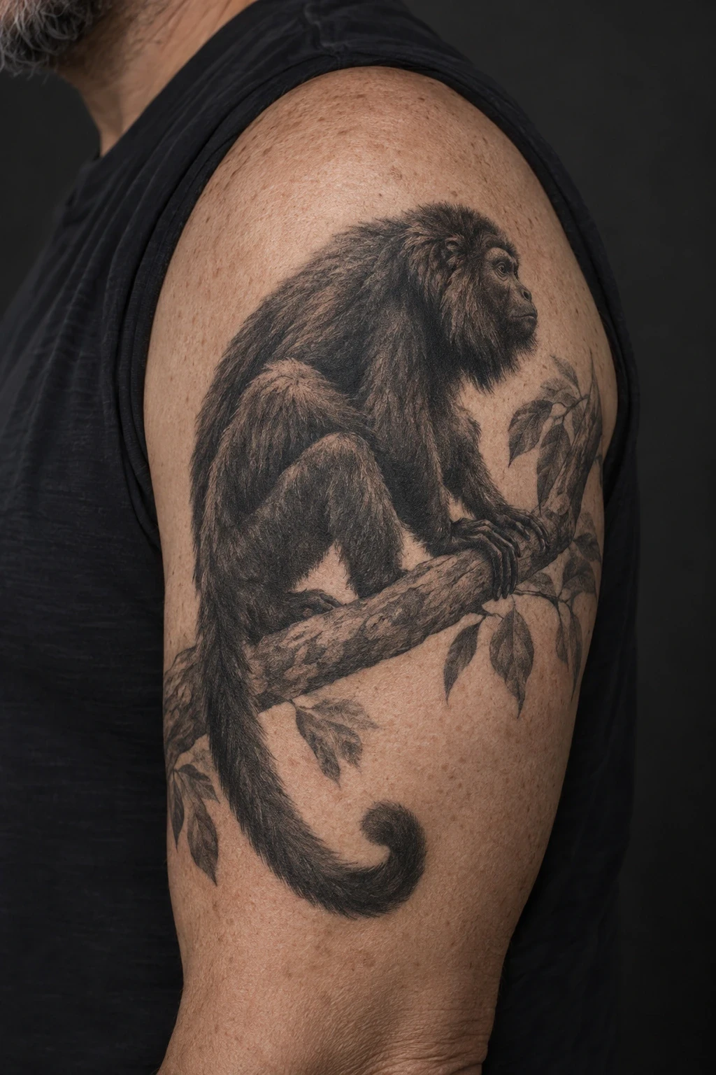 Black and grey howler-monkey tattoo resting on a branch on an upper arm