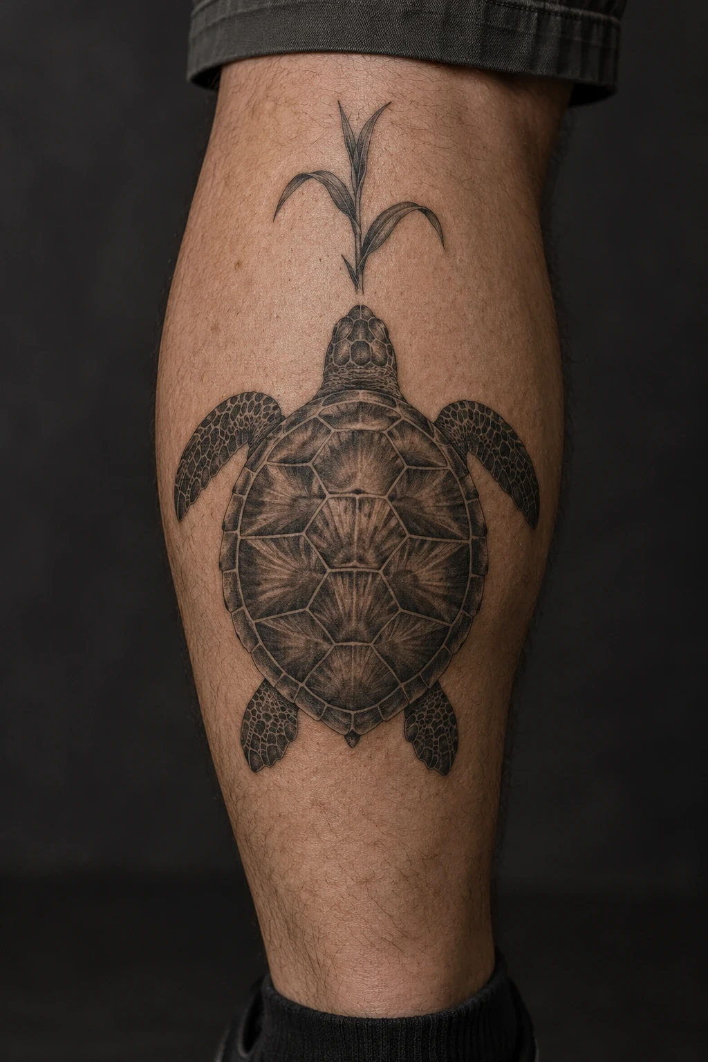 Black and grey turtle tattoo beneath a separate maize shoot on a calf
