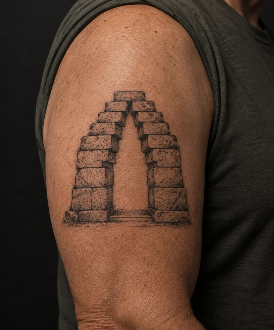 Corbelled stone-doorway tattoo with an empty opening on an upper arm