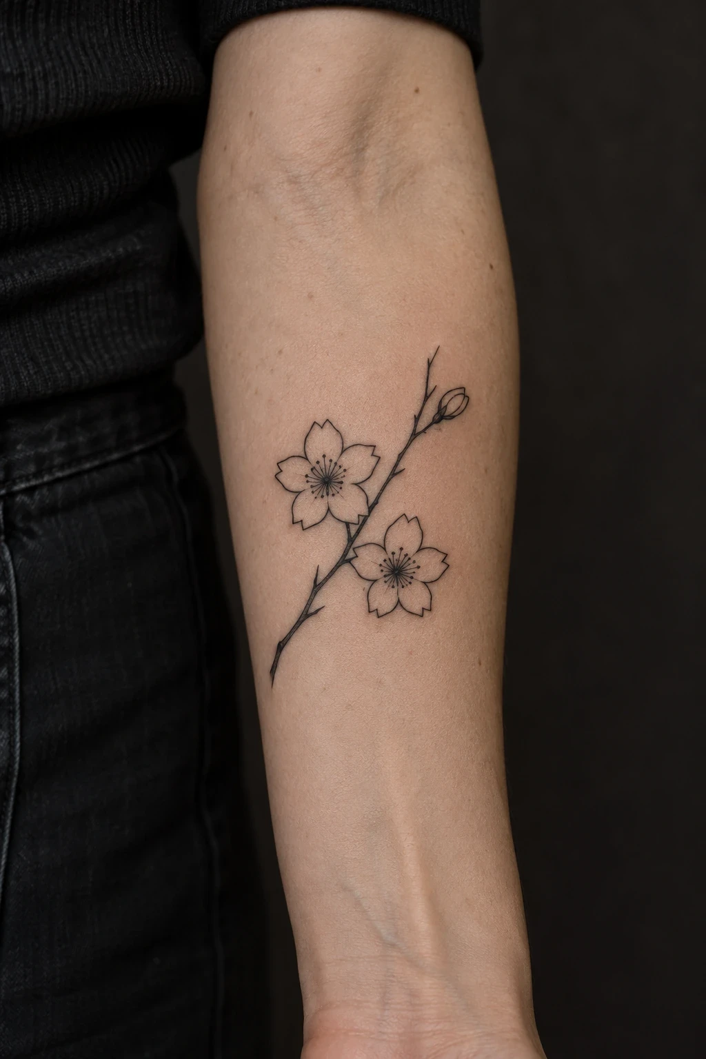 Cherry-blossom branch tattoo with two flowers and a bud on an inner forearm