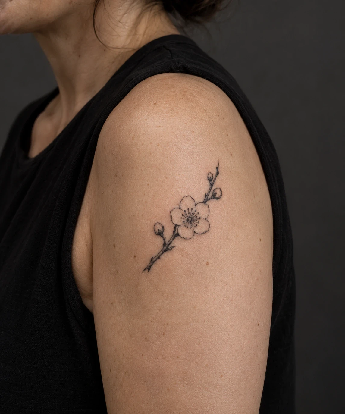 Single rounded plum-blossom tattoo on a short branch on an upper arm