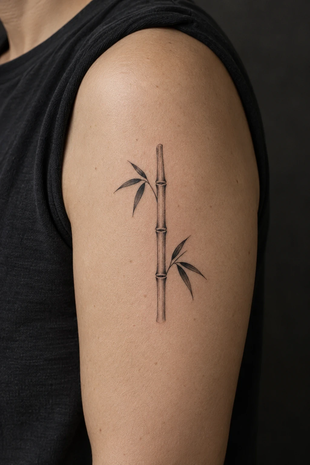 Bamboo-stem tattoo with segmented joints and two leaf clusters on an upper arm