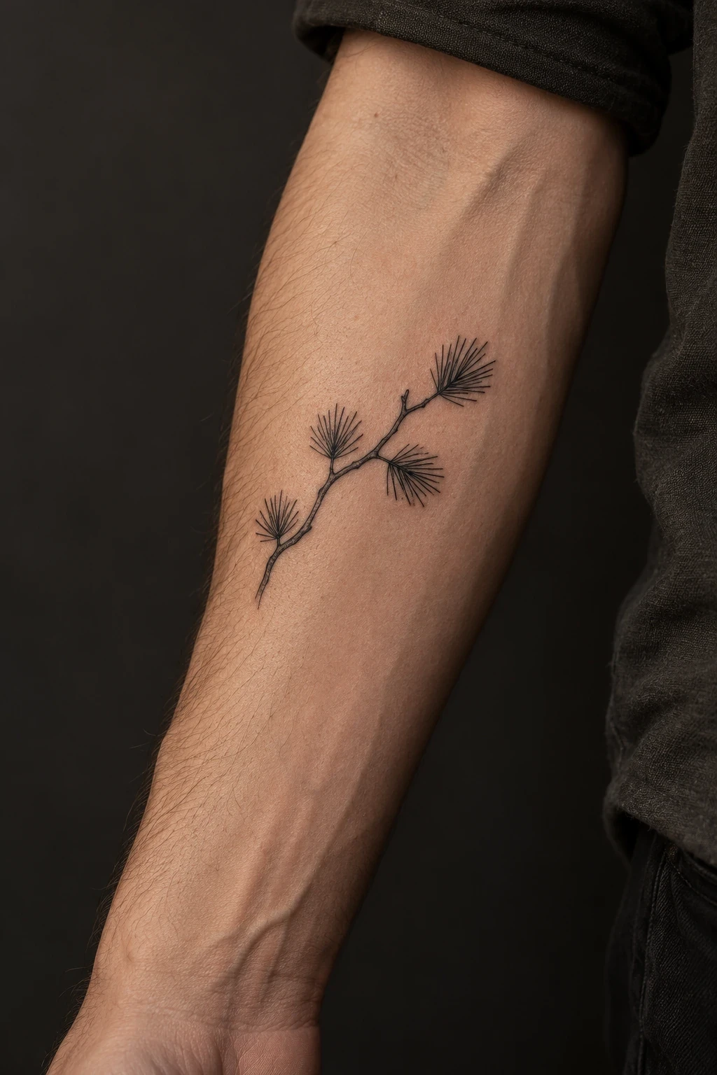 Pine-branch tattoo with sparse needle clusters on a forearm