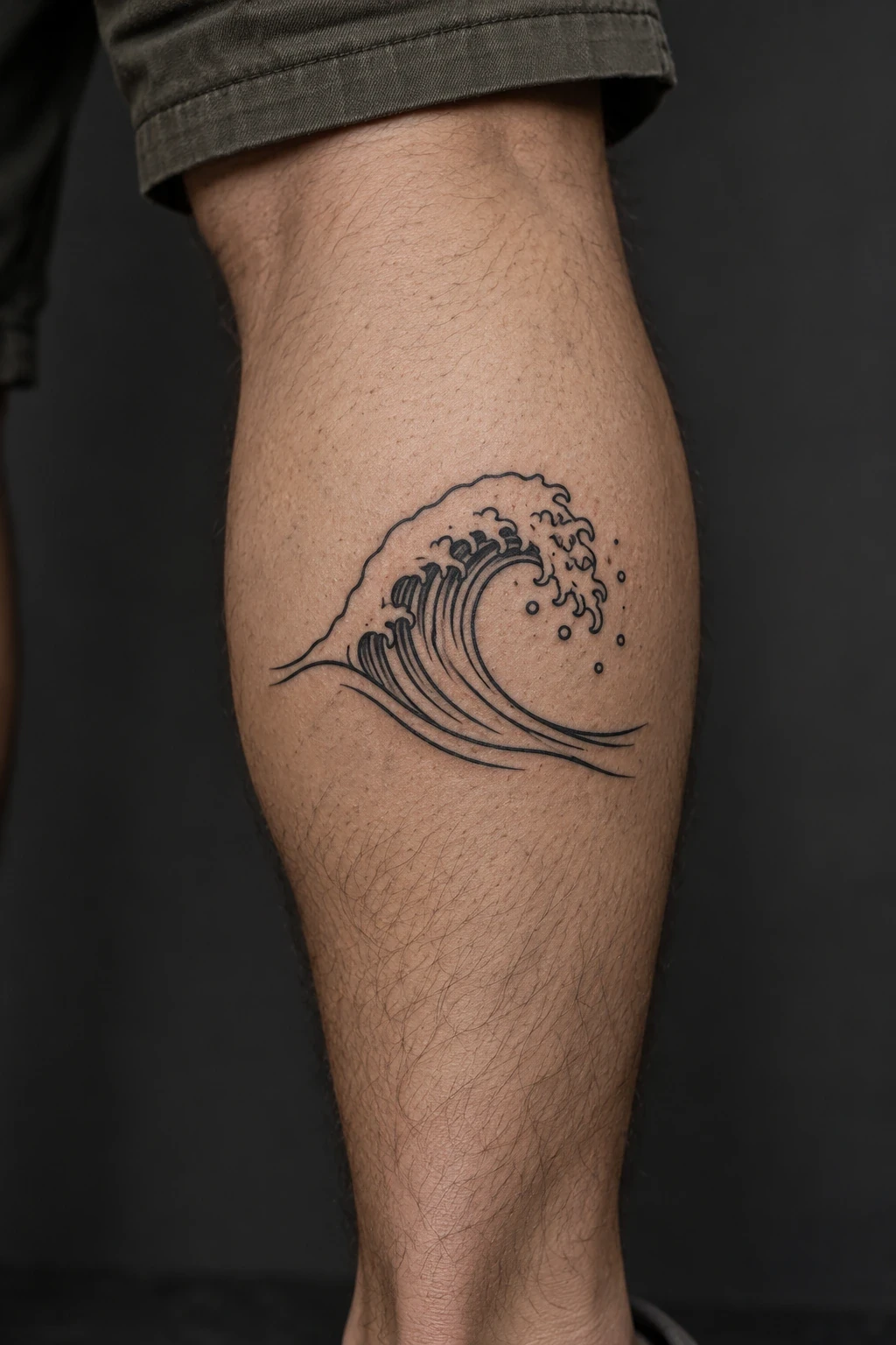 Simple curling-wave tattoo with separated foam marks on a calf