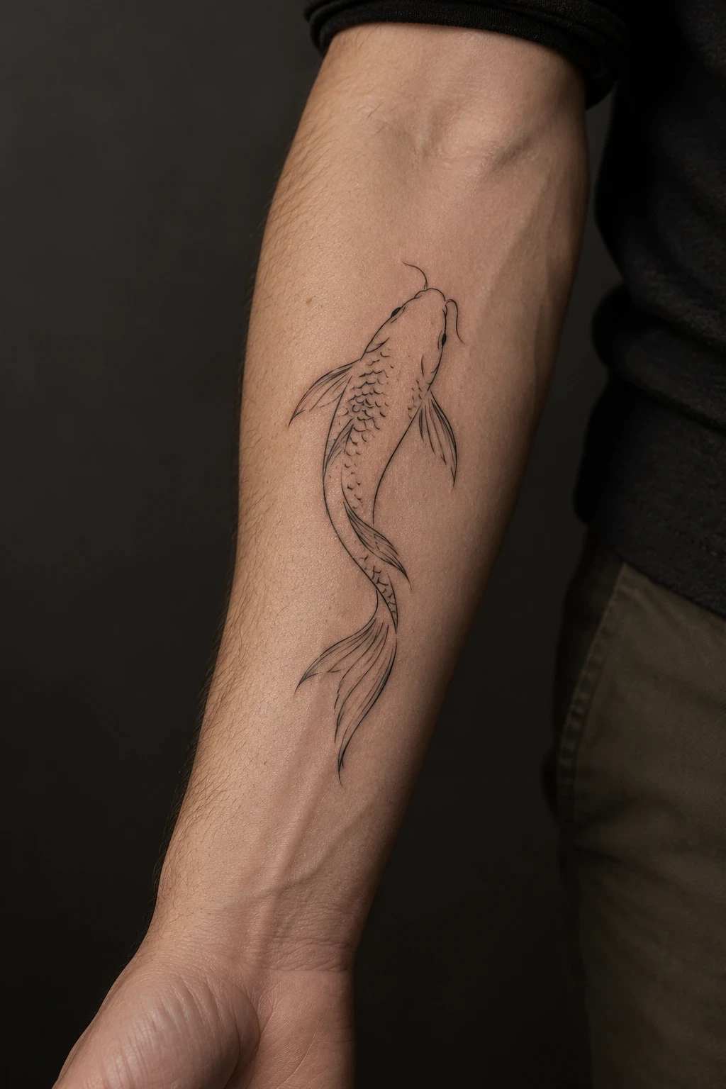 Upward-curving koi tattoo with sparse scales on an inner forearm