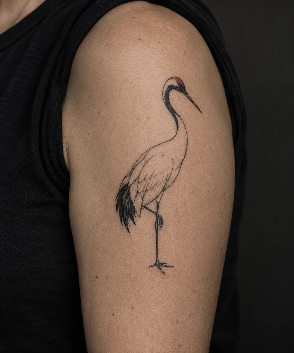 Standing crane tattoo with a small red crown accent on an upper arm