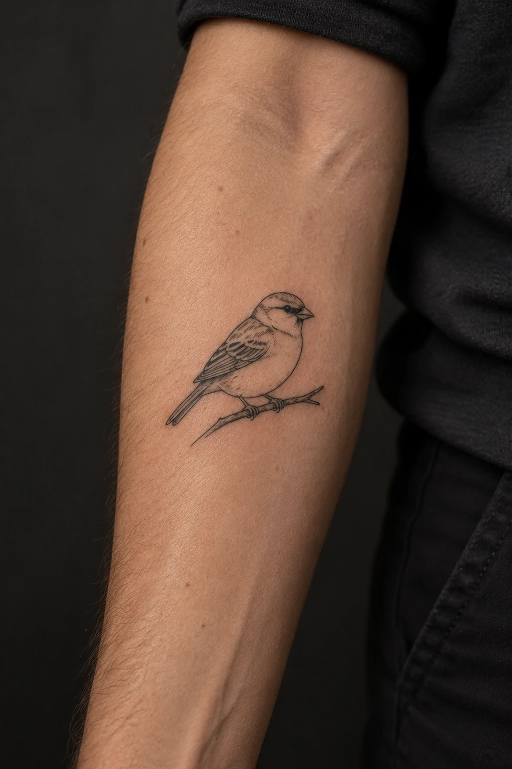 Small sparrow tattoo perched on a short branch on a forearm