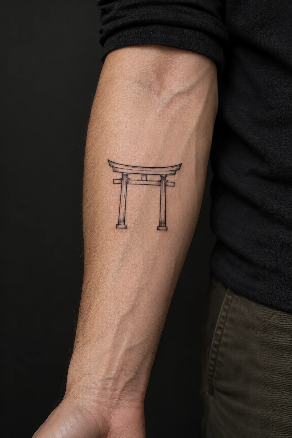Outlined torii-gate tattoo with an empty opening on an inner forearm
