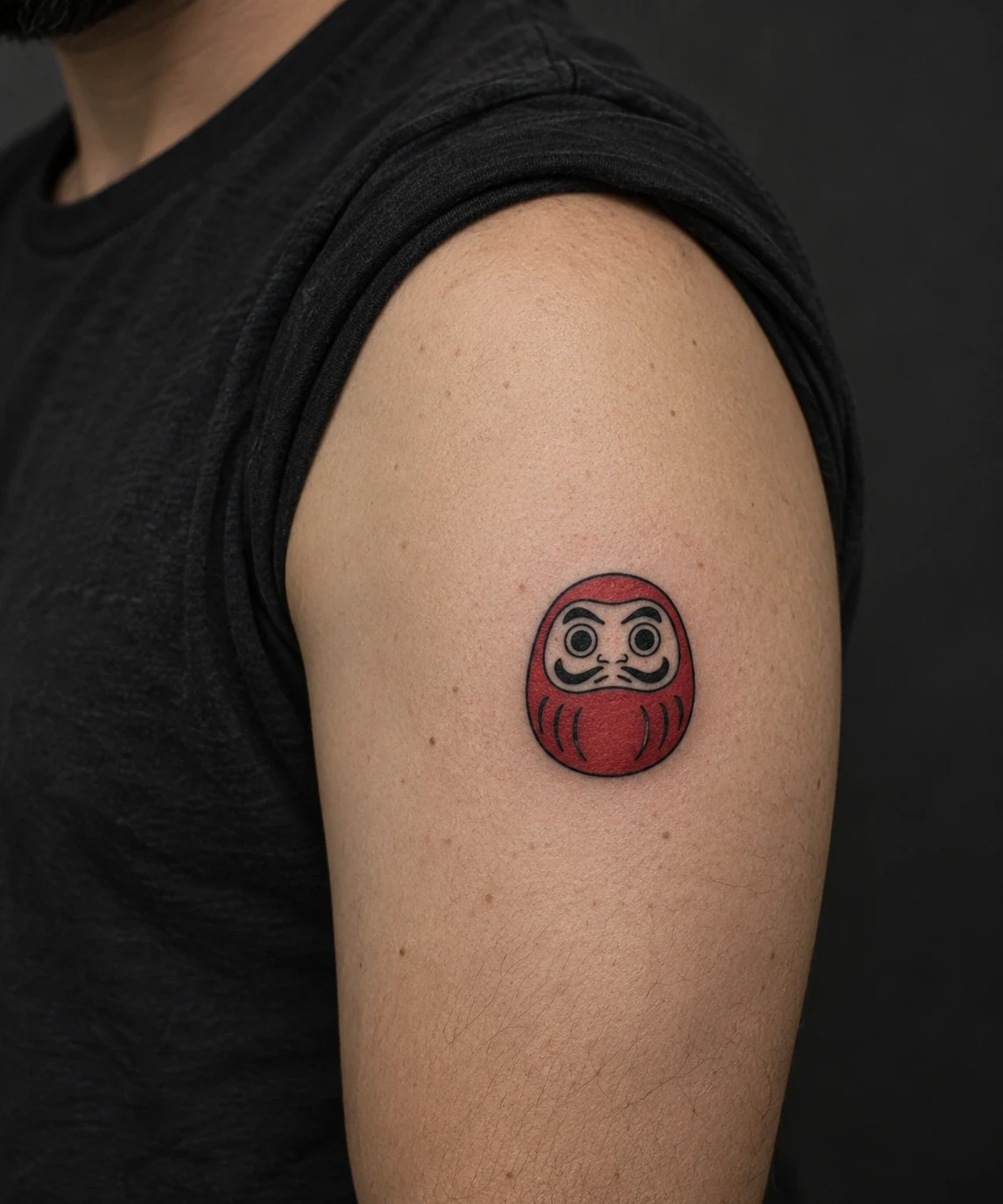 Small red daruma tattoo with a simple face on an upper arm