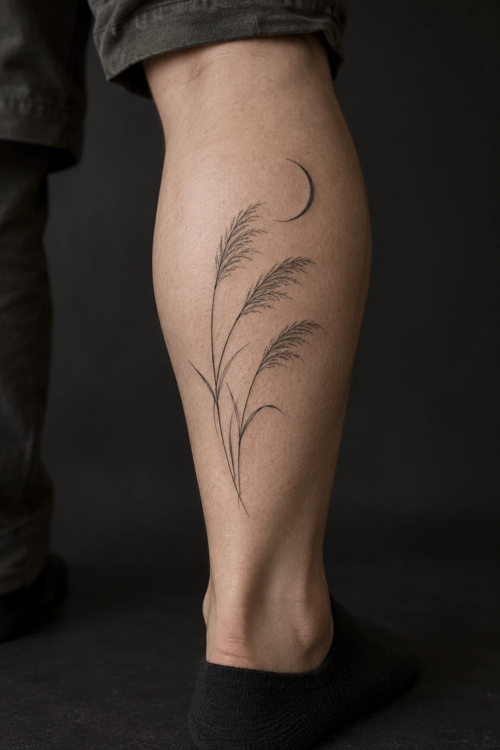 Three grass stems beneath a crescent-moon tattoo on a calf