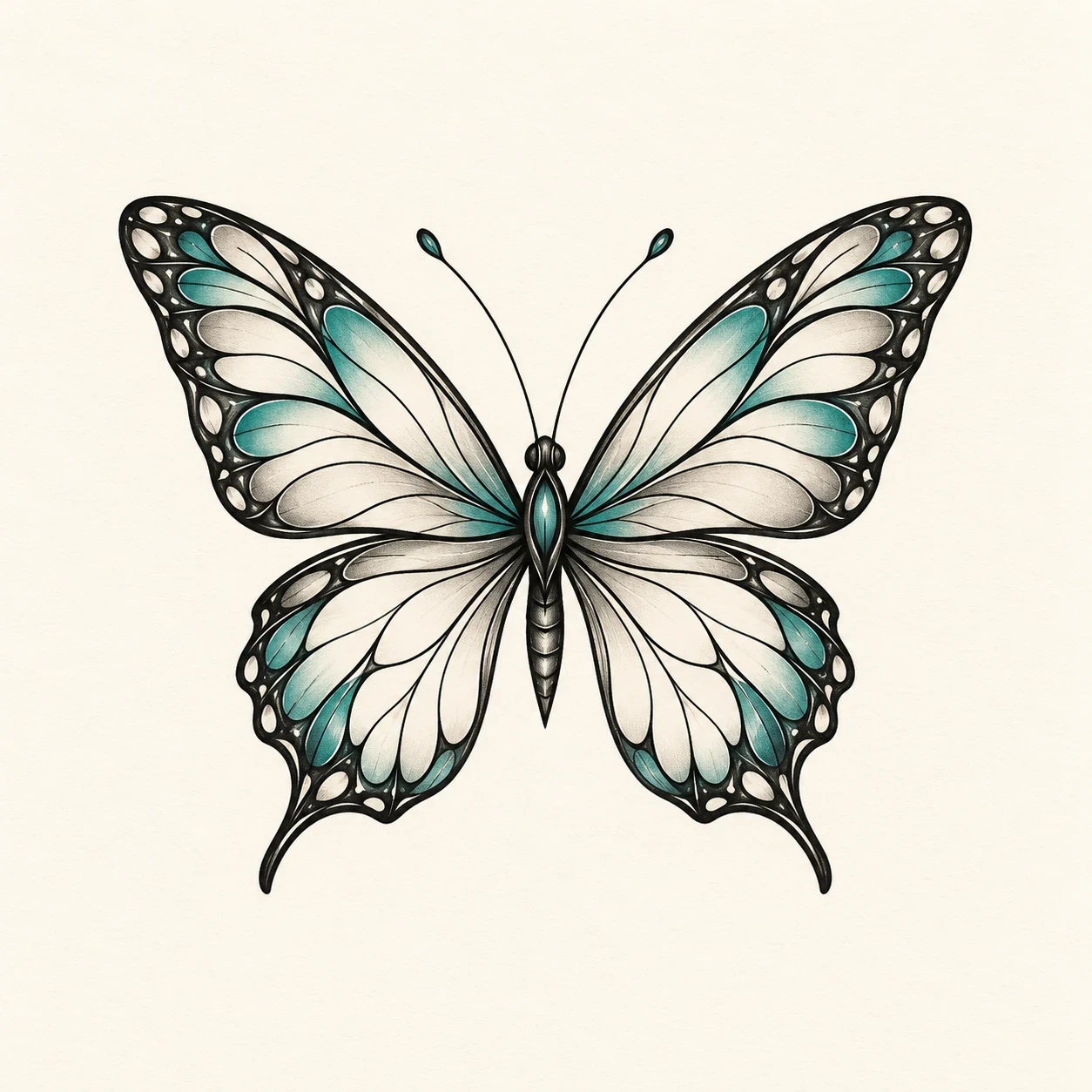 Butterfly tattoo concept with symmetrical black-and-teal wings