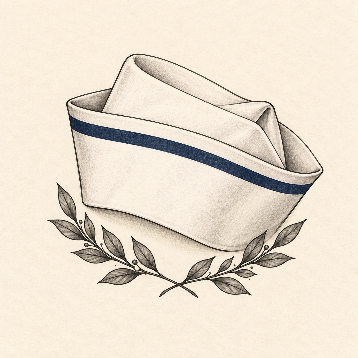 Vintage-style nursing-cap tattoo concept with a navy band and laurel sprig