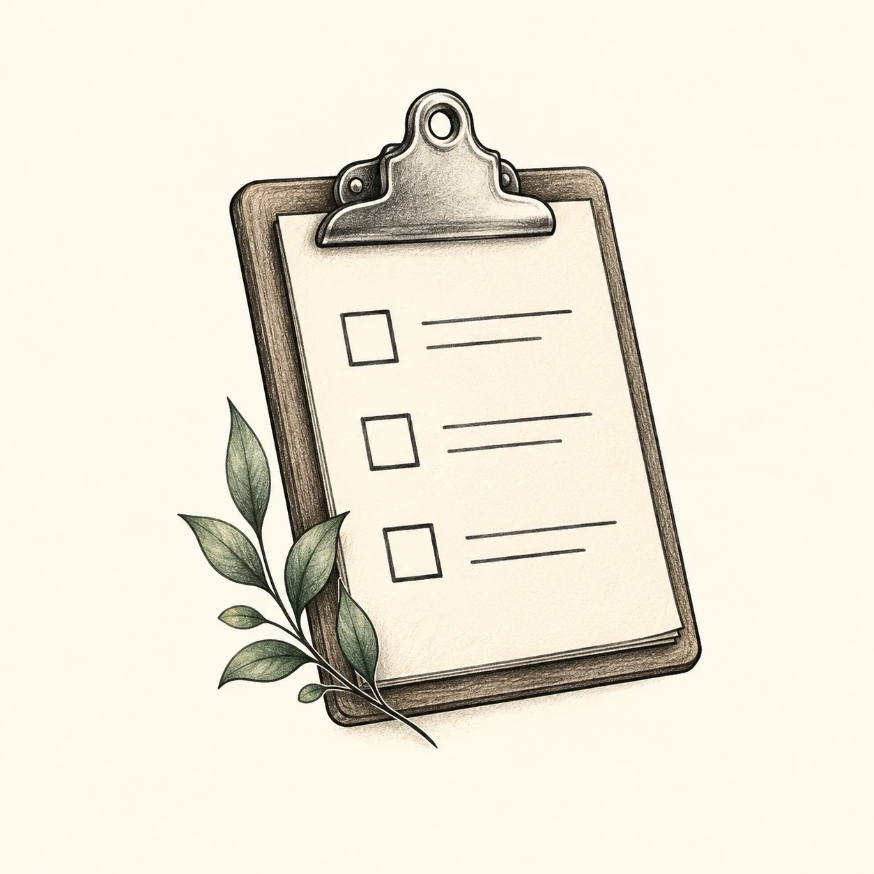 Clipboard tattoo concept with blank checklist marks and a small leafy sprig