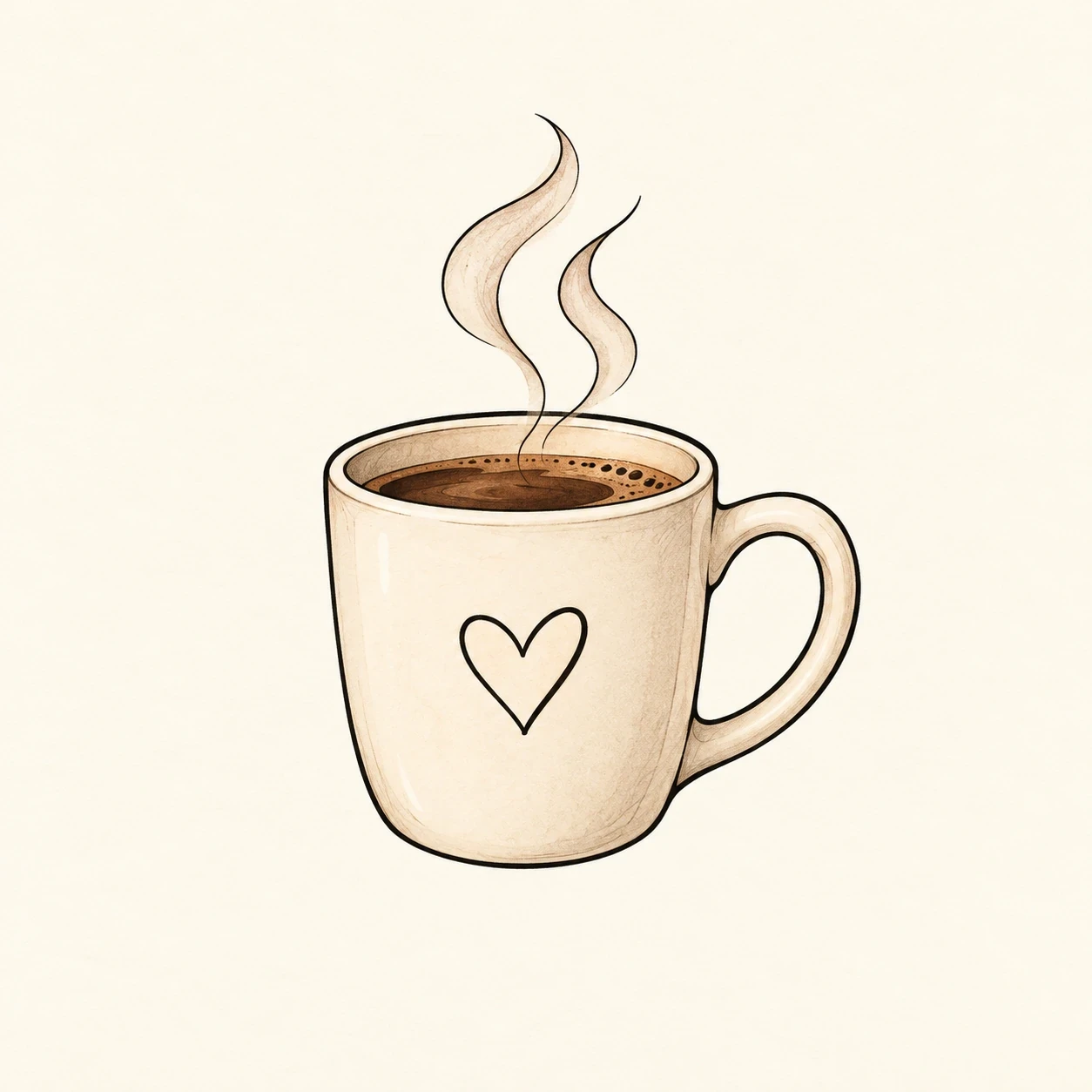 Coffee-mug tattoo concept with a heart motif and two steam curls
