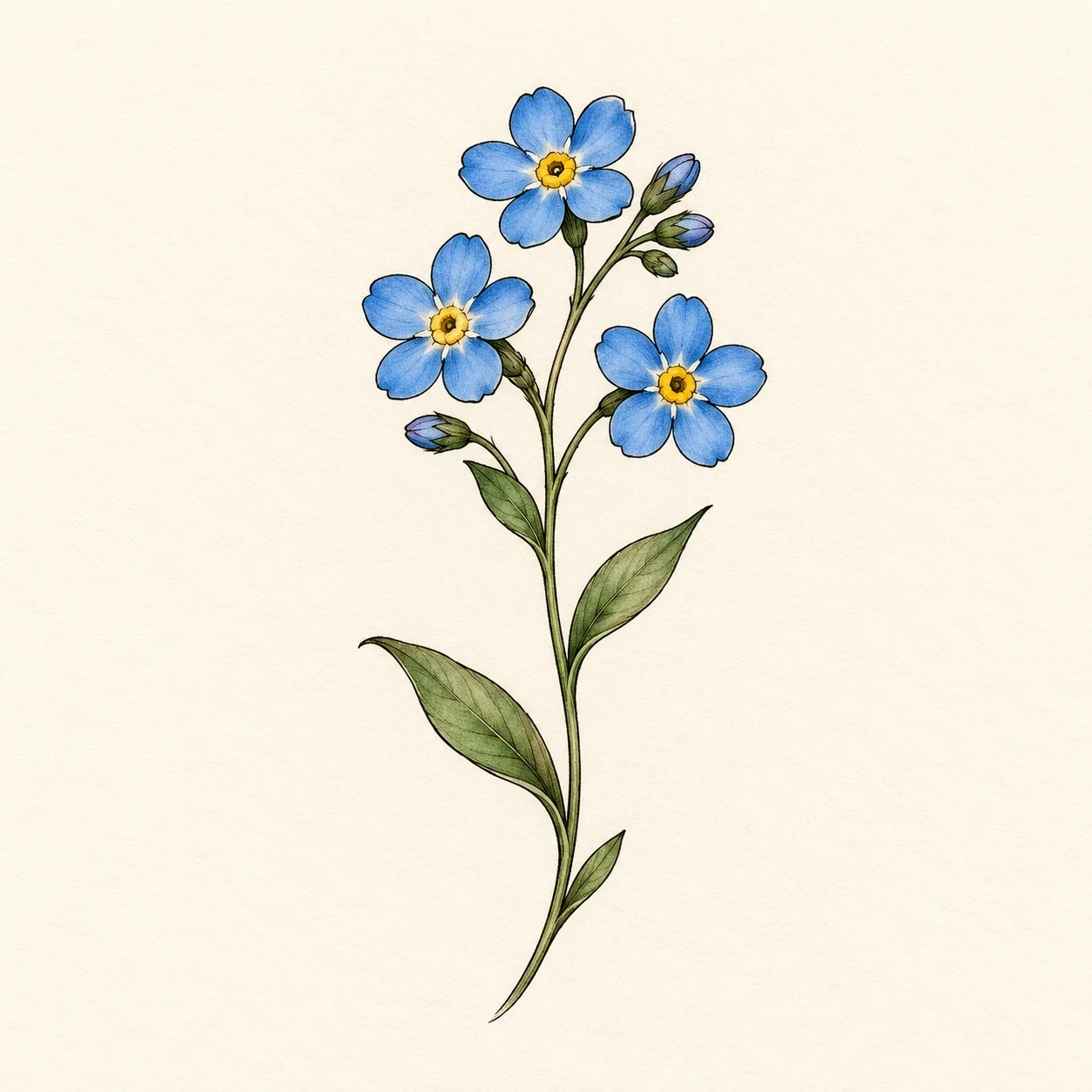 Forget-me-not flower tattoo concept with three blue blossoms and green leaves