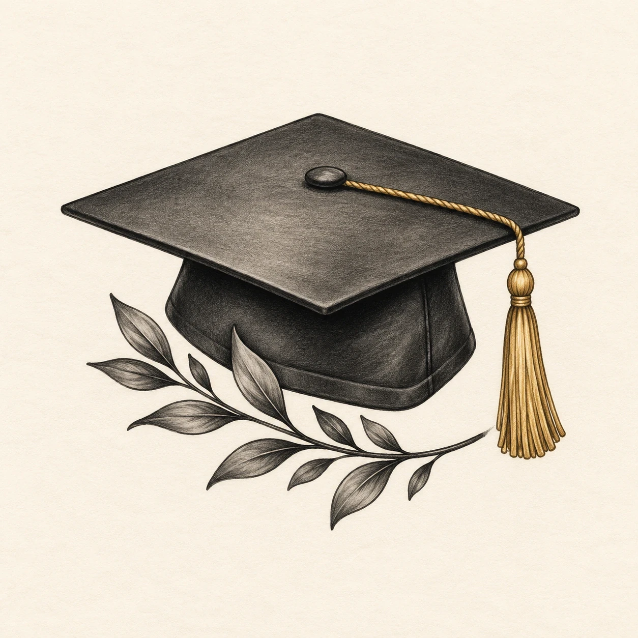 Graduation-cap tattoo concept with a gold tassel and leafy twig