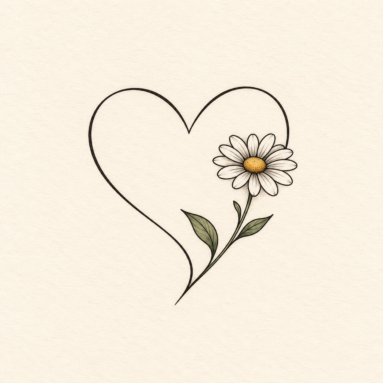 Heart-and-daisy tattoo concept with a small stem and green leaves