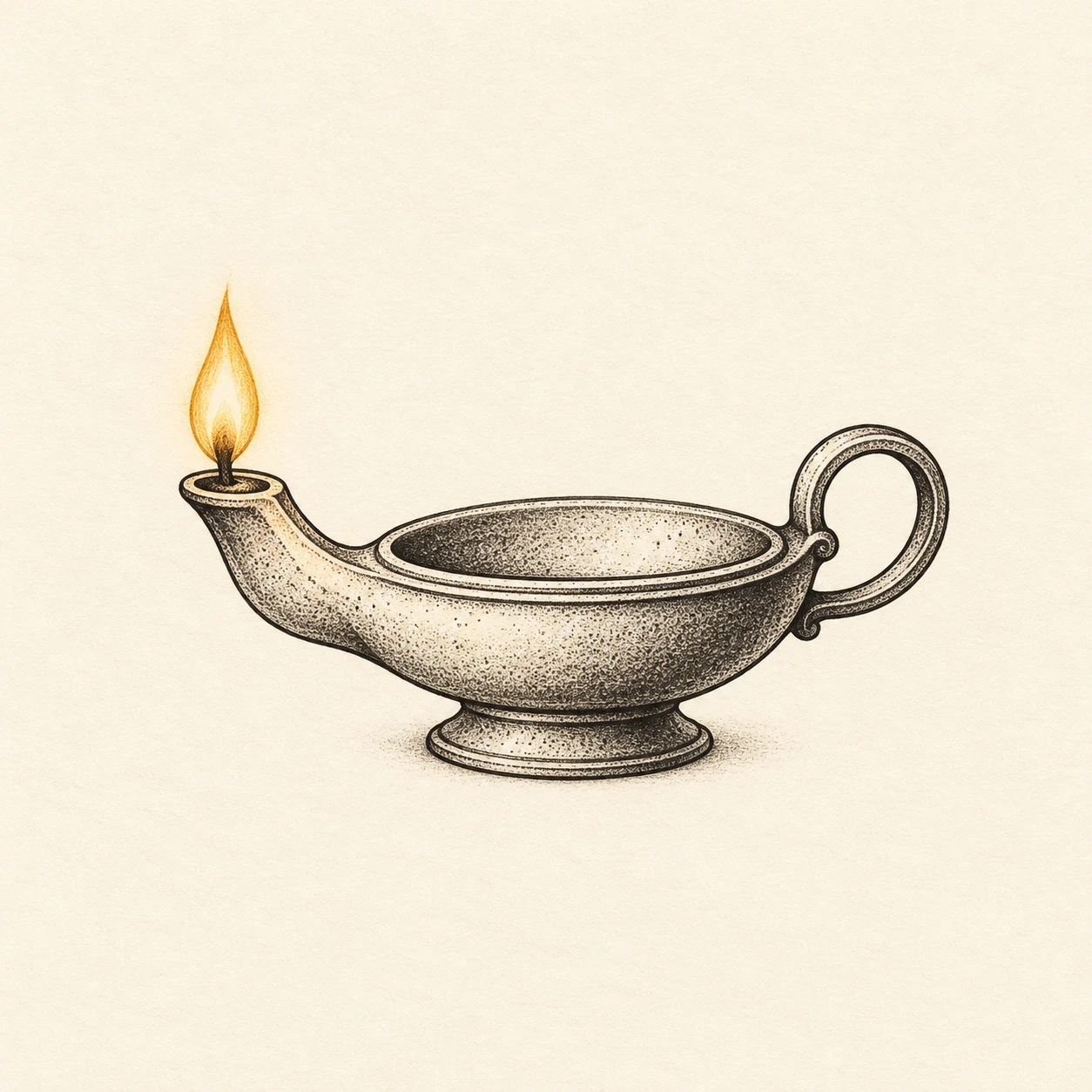 Oil-lamp tattoo concept with a loop handle and small gold flame