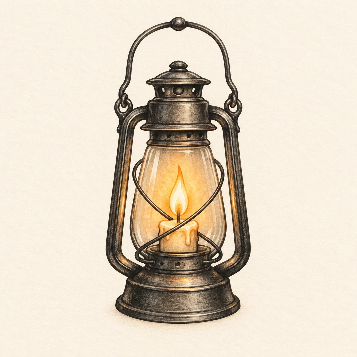 Lantern tattoo concept with a curved handle and small amber flame
