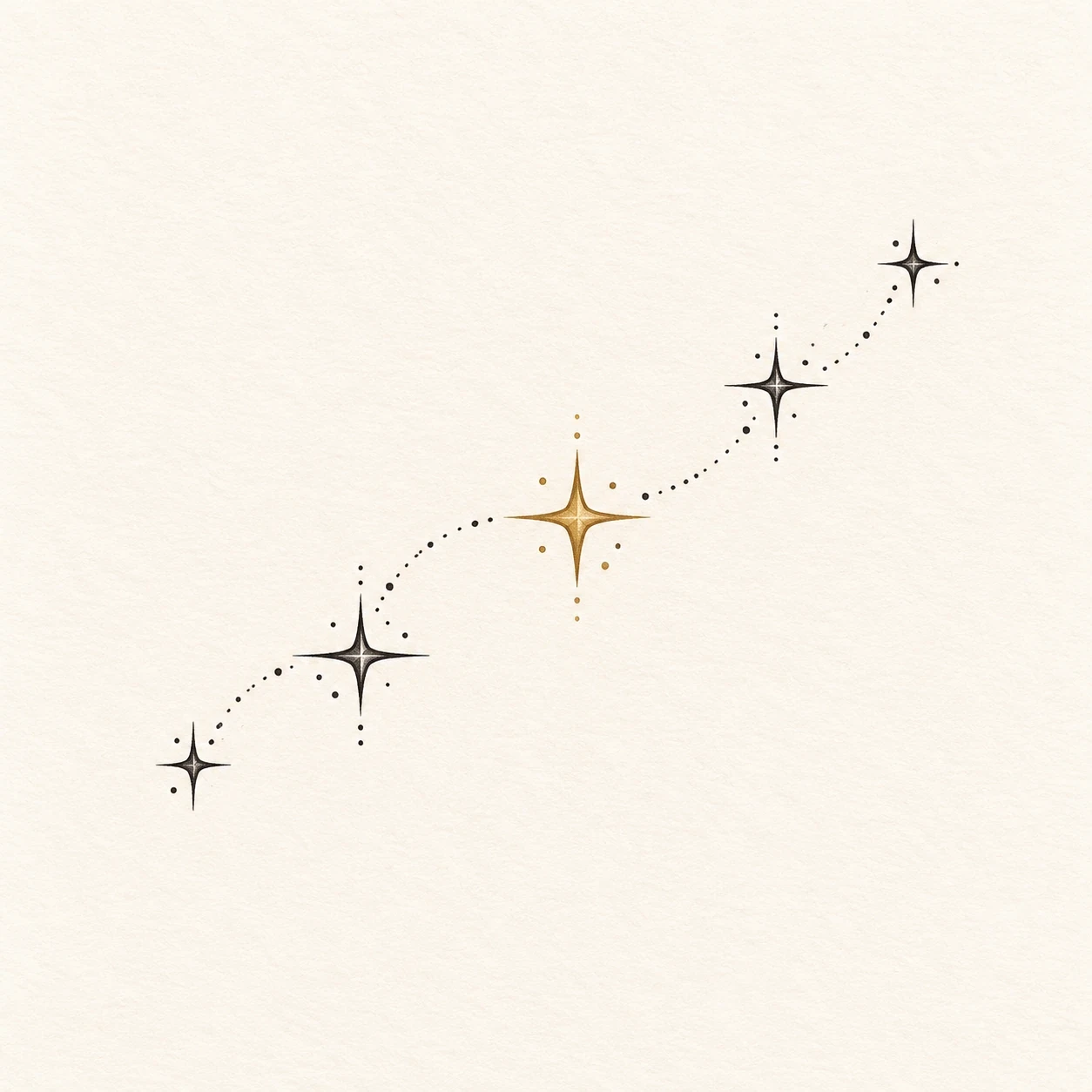 Decorative star tattoo concept with five varied stars and delicate dotted arcs