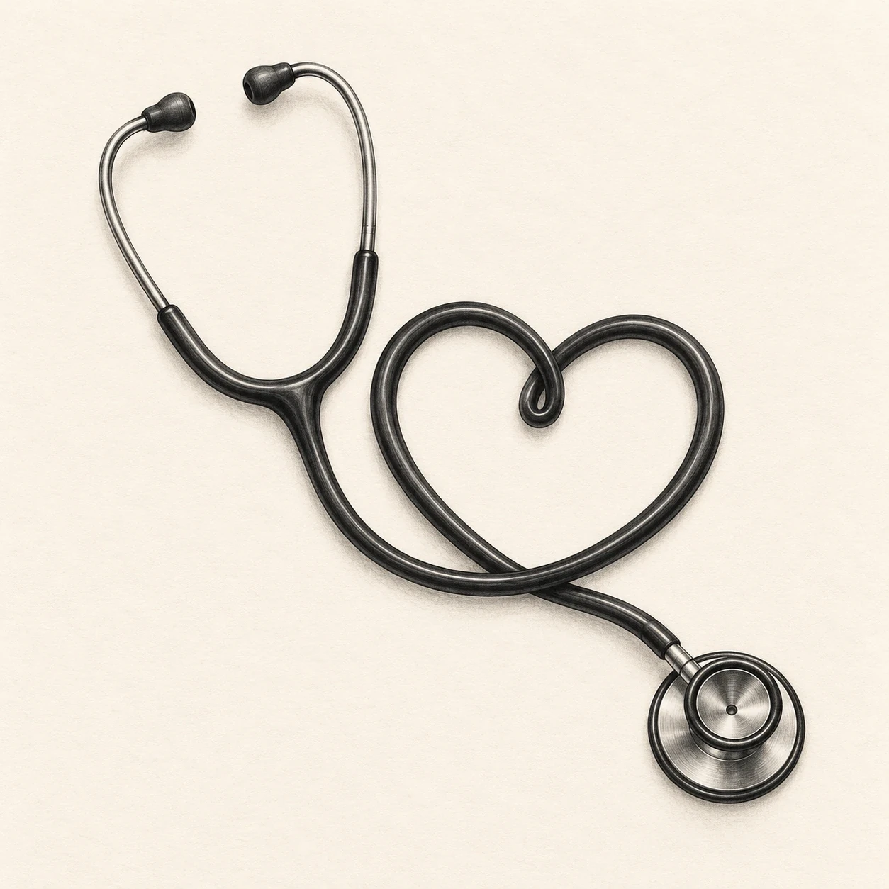 Black-and-grey stethoscope tattoo concept with tubing arranged in a heart-shaped loop