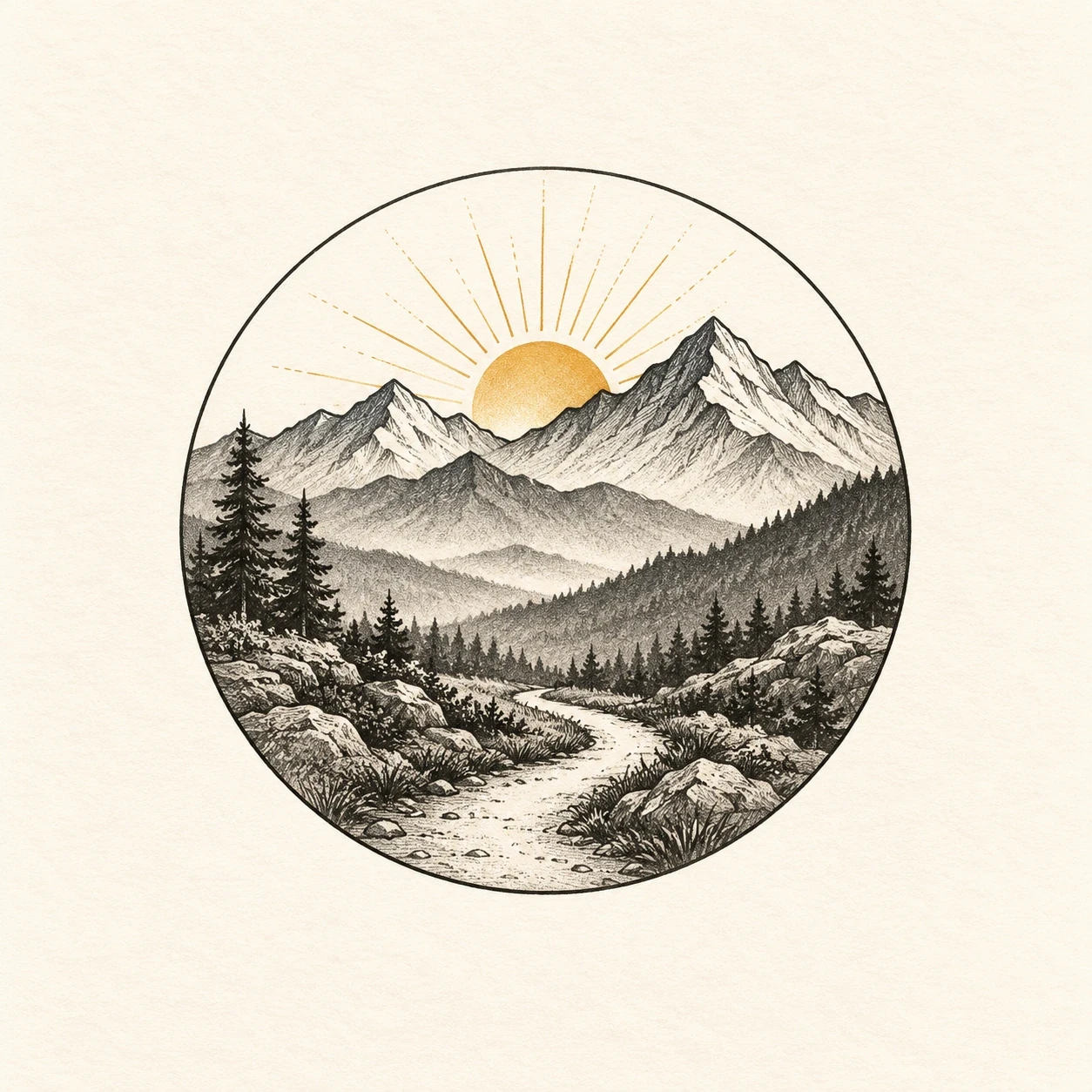 Sunrise tattoo concept with mountain ridges and a winding path