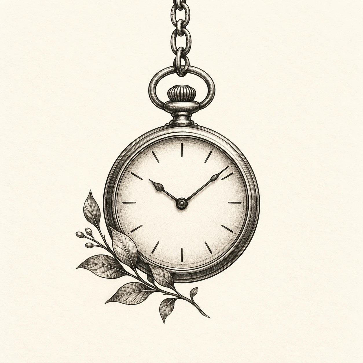 Pocket-watch tattoo concept with simple tick marks, two hands and a leaf sprig