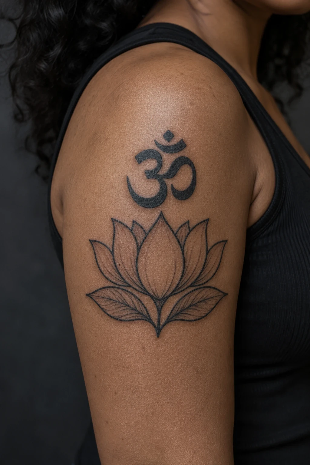 Black Om symbol above an outlined lotus and leaves on an upper arm