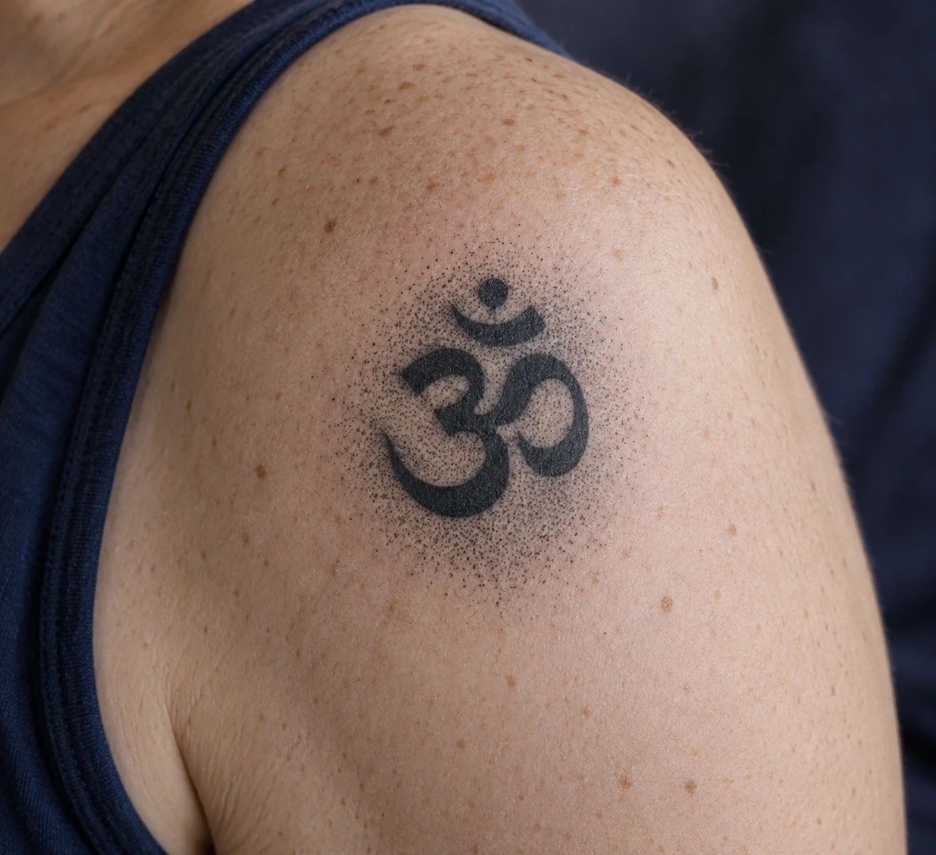 Black Om symbol with a stippled dotwork halo on a shoulder