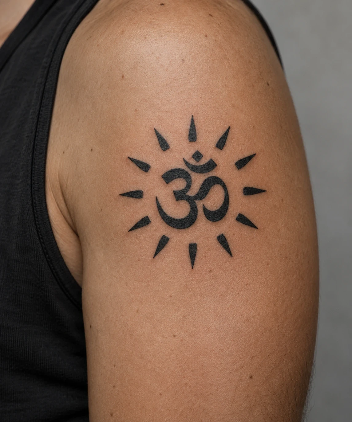 Black Om symbol framed by short black sun rays on an upper arm