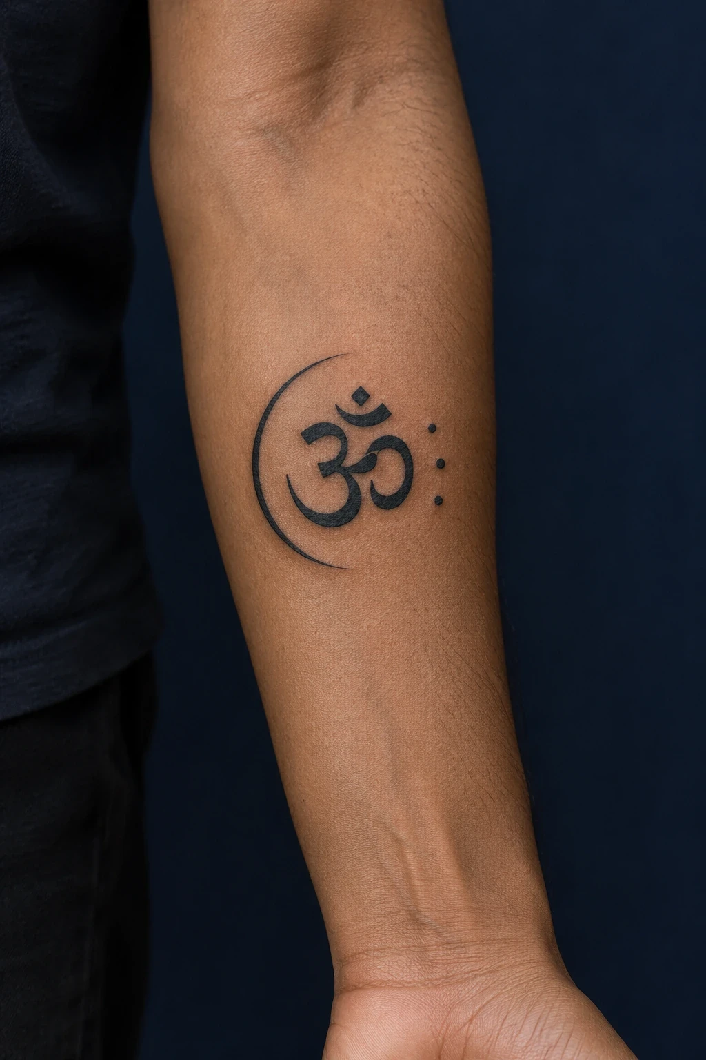 Black Om tattoo beside a crescent and three dots on an inner forearm