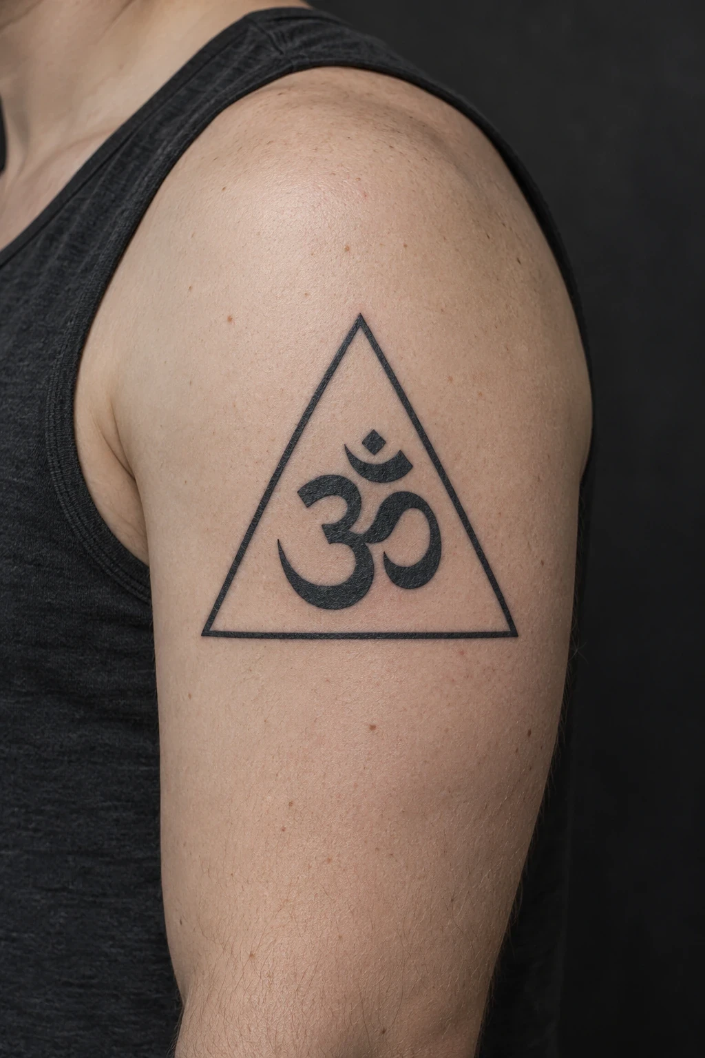 Black Om symbol inside an upright triangle on an upper arm