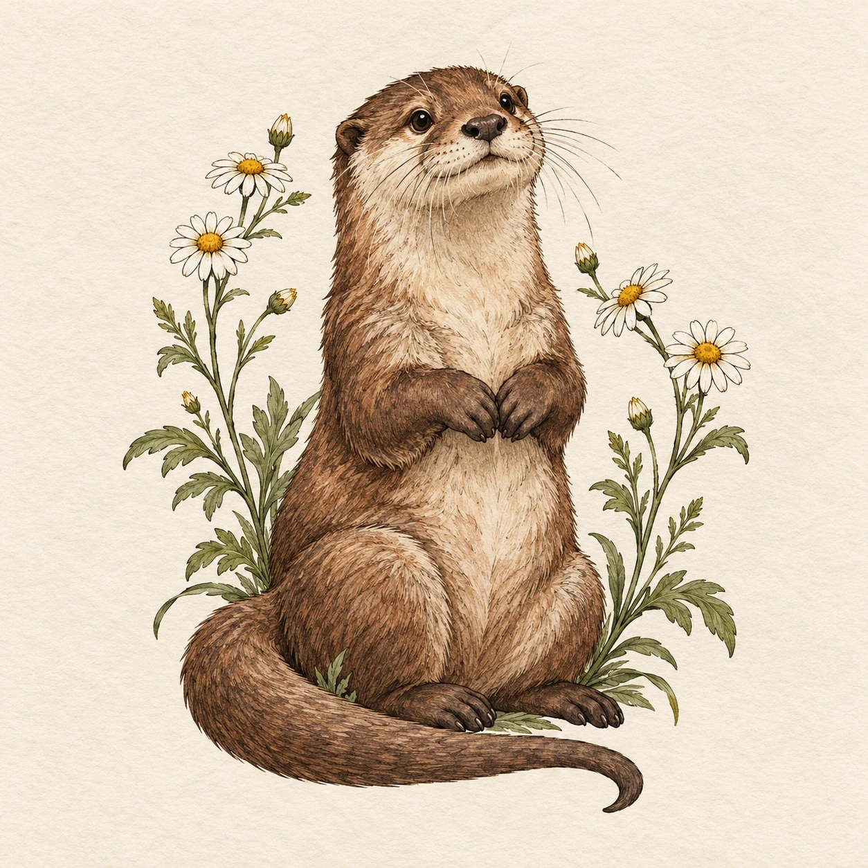 Seated river otter framed by white daisies and green stems