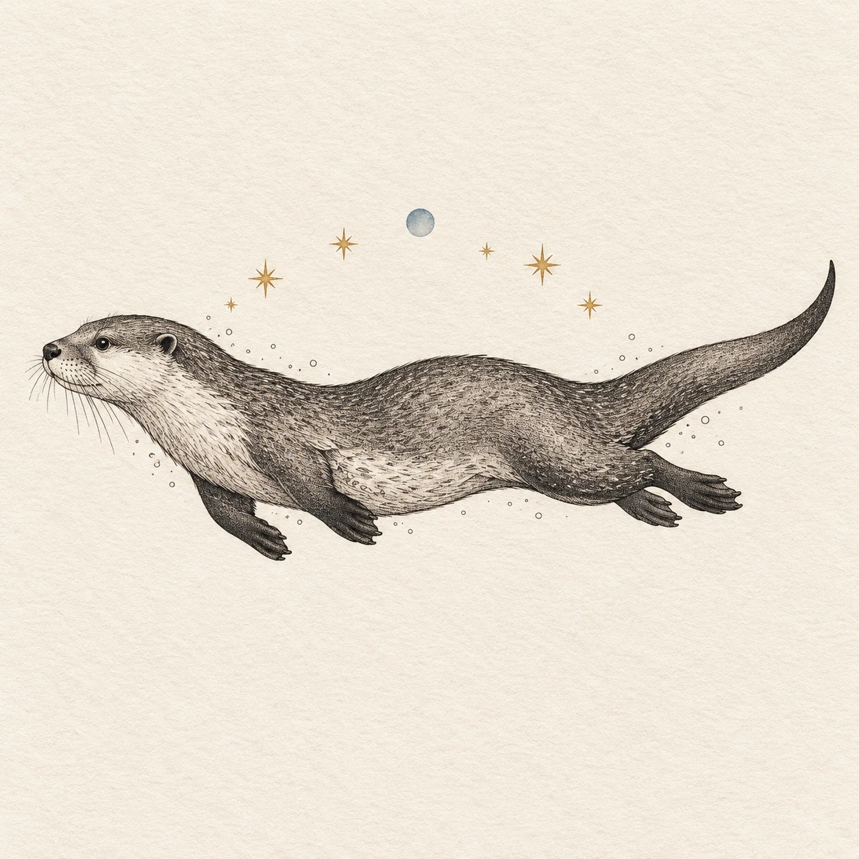 Swimming otter beneath a sparse arc of gold stars and a pale blue circle