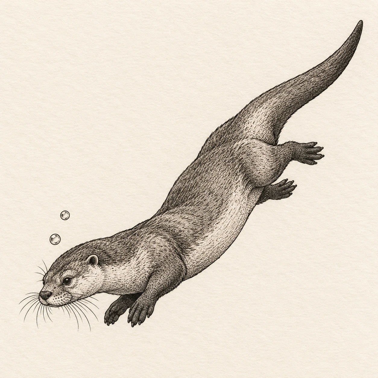 Black-and-grey river otter diving diagonally beside two bubbles