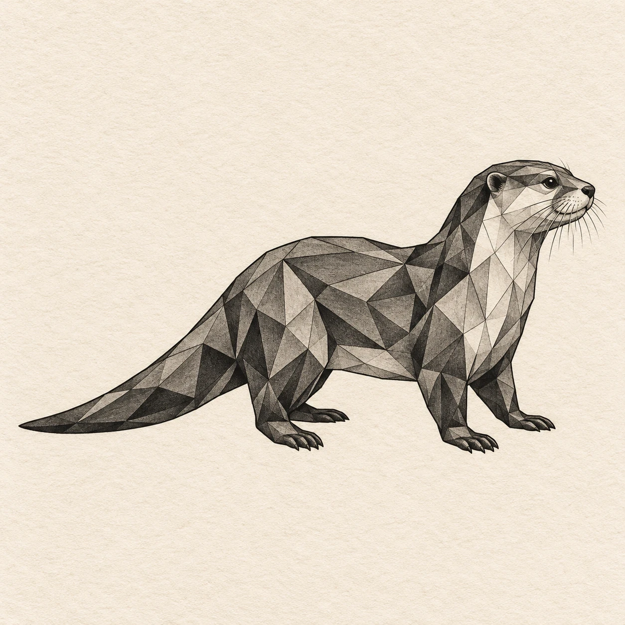 Faceted geometric river otter in black and grey with a long tail
