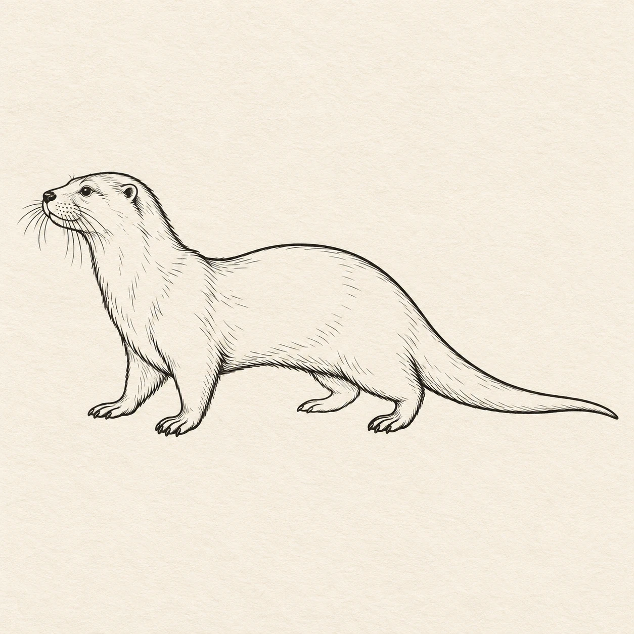 Minimal black linework river otter in side profile with a long tapered tail
