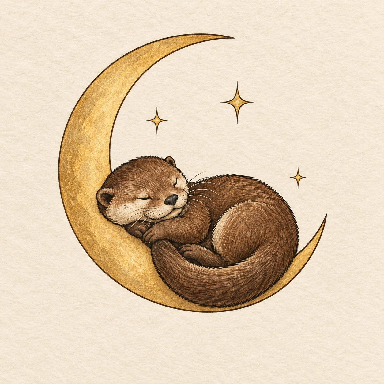 Sleeping curled otter nestled in a gold crescent moon with three stars