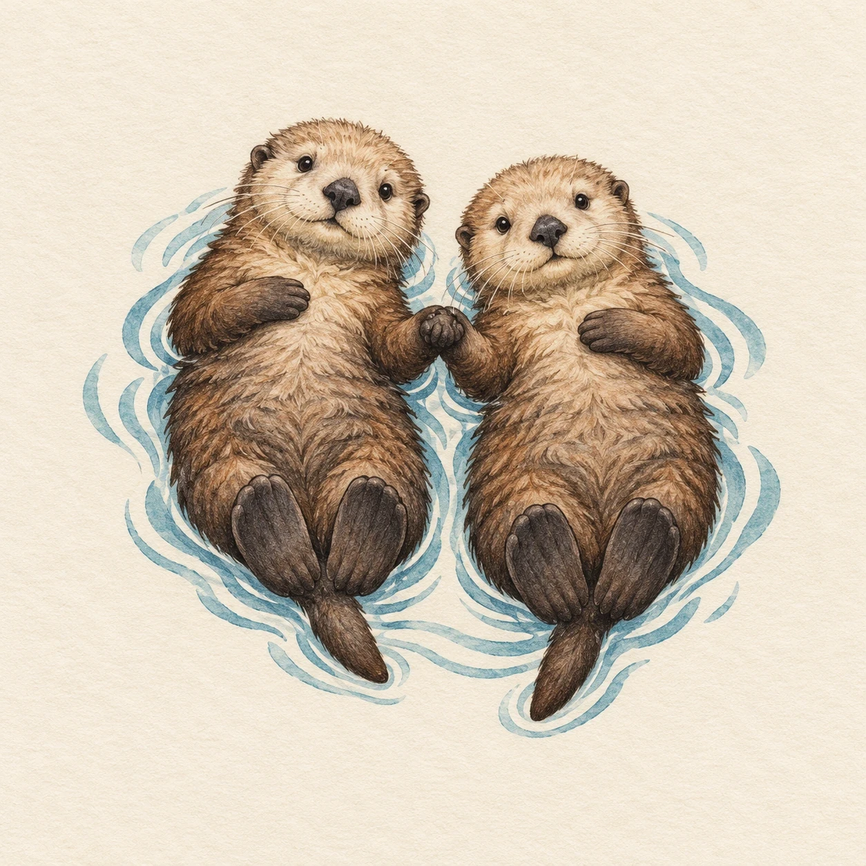 Two floating sea otters touching forepaws above soft blue ripples