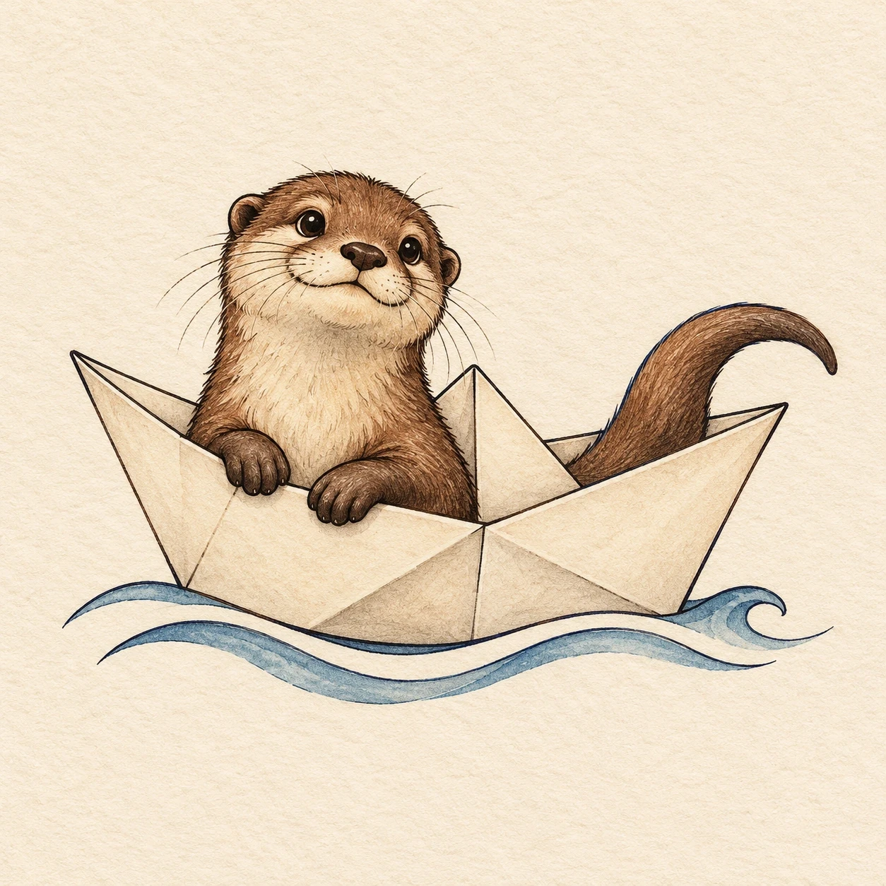 Small otter sitting in an ivory paper boat above two blue wave lines