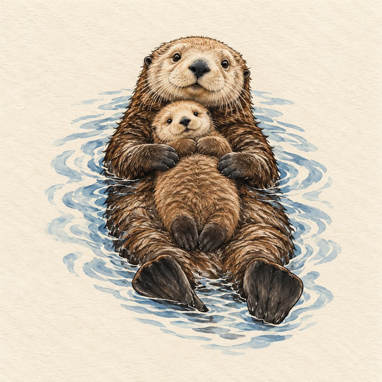 Adult sea otter floating with a small pup resting on its belly