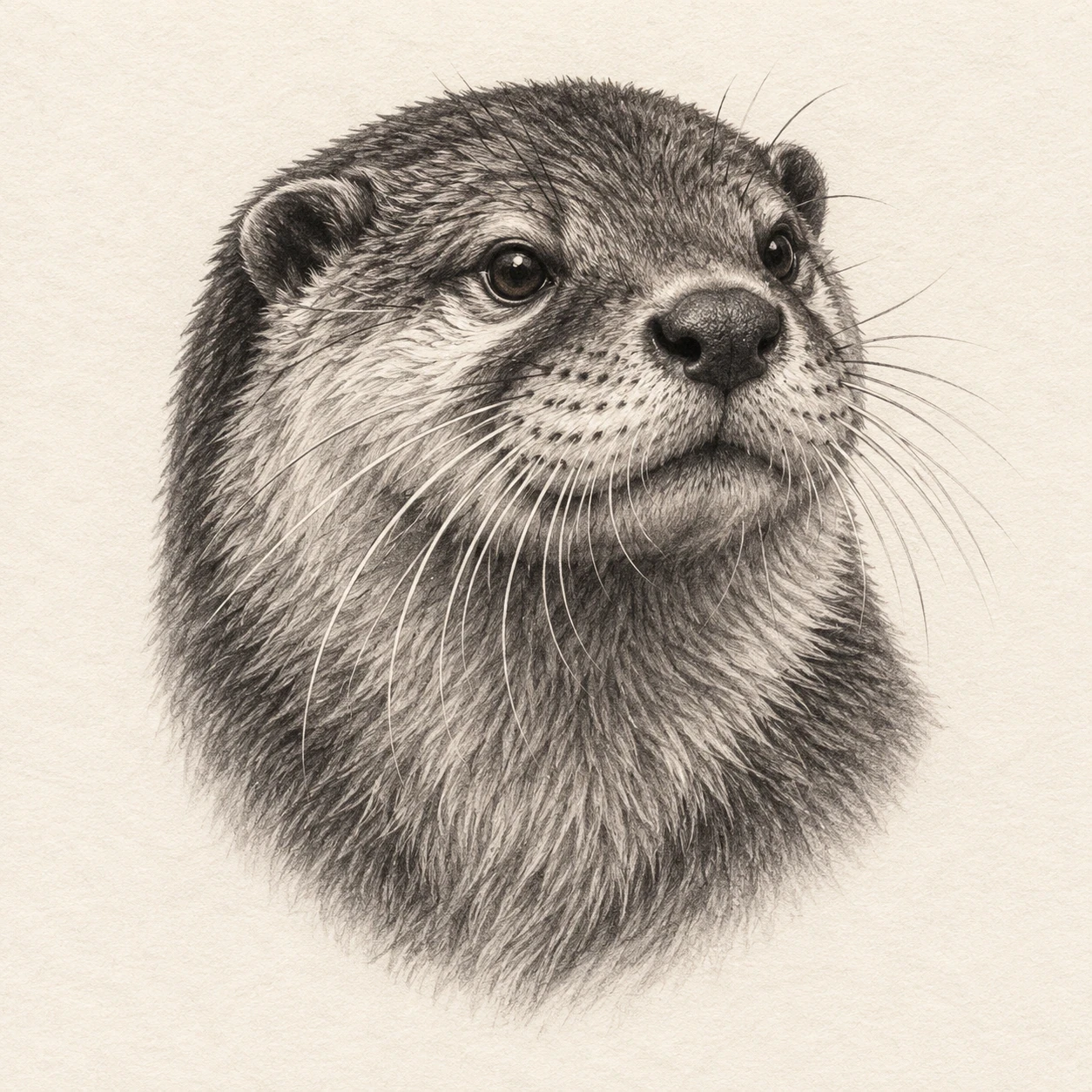 Black-and-grey otter head portrait with detailed fur and long whiskers