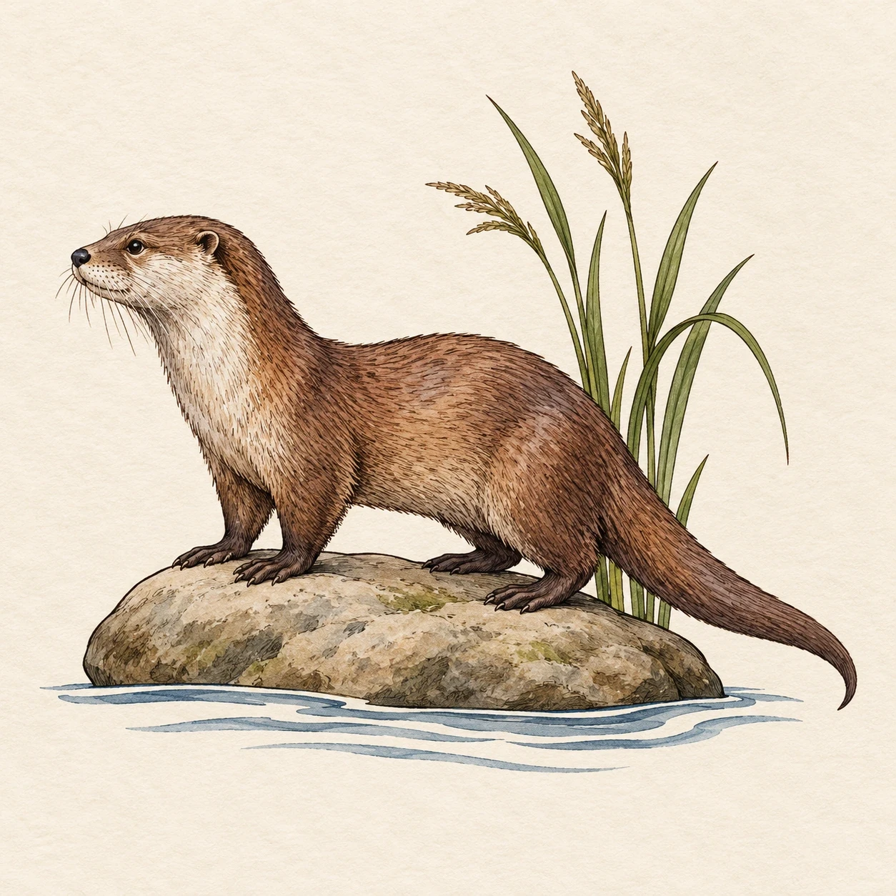 River otter standing on a stone beside green reeds