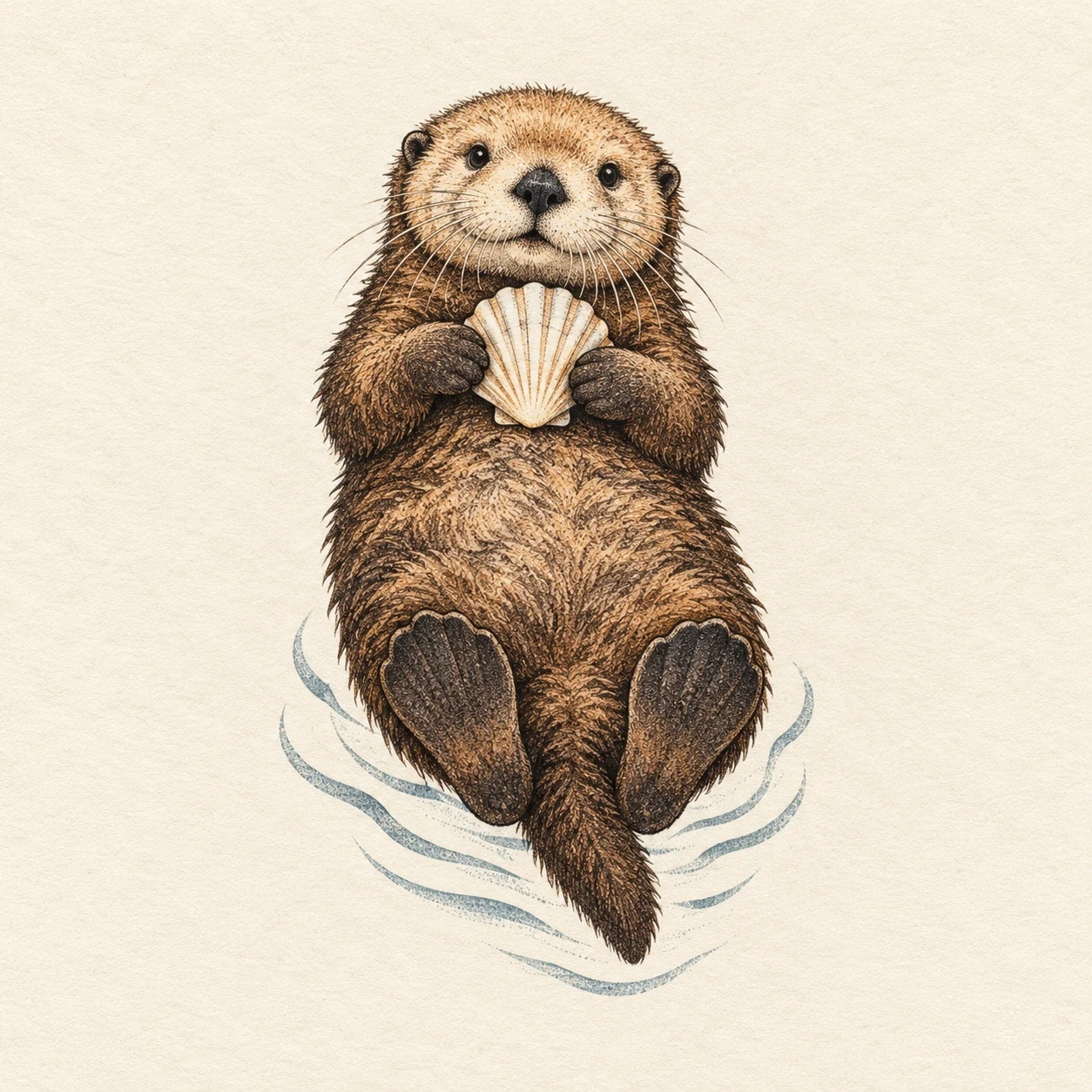 Sea otter floating on its back while holding a pale scallop shell