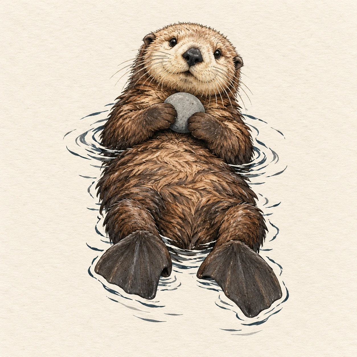 Floating sea otter holding a smooth grey pebble against its chest