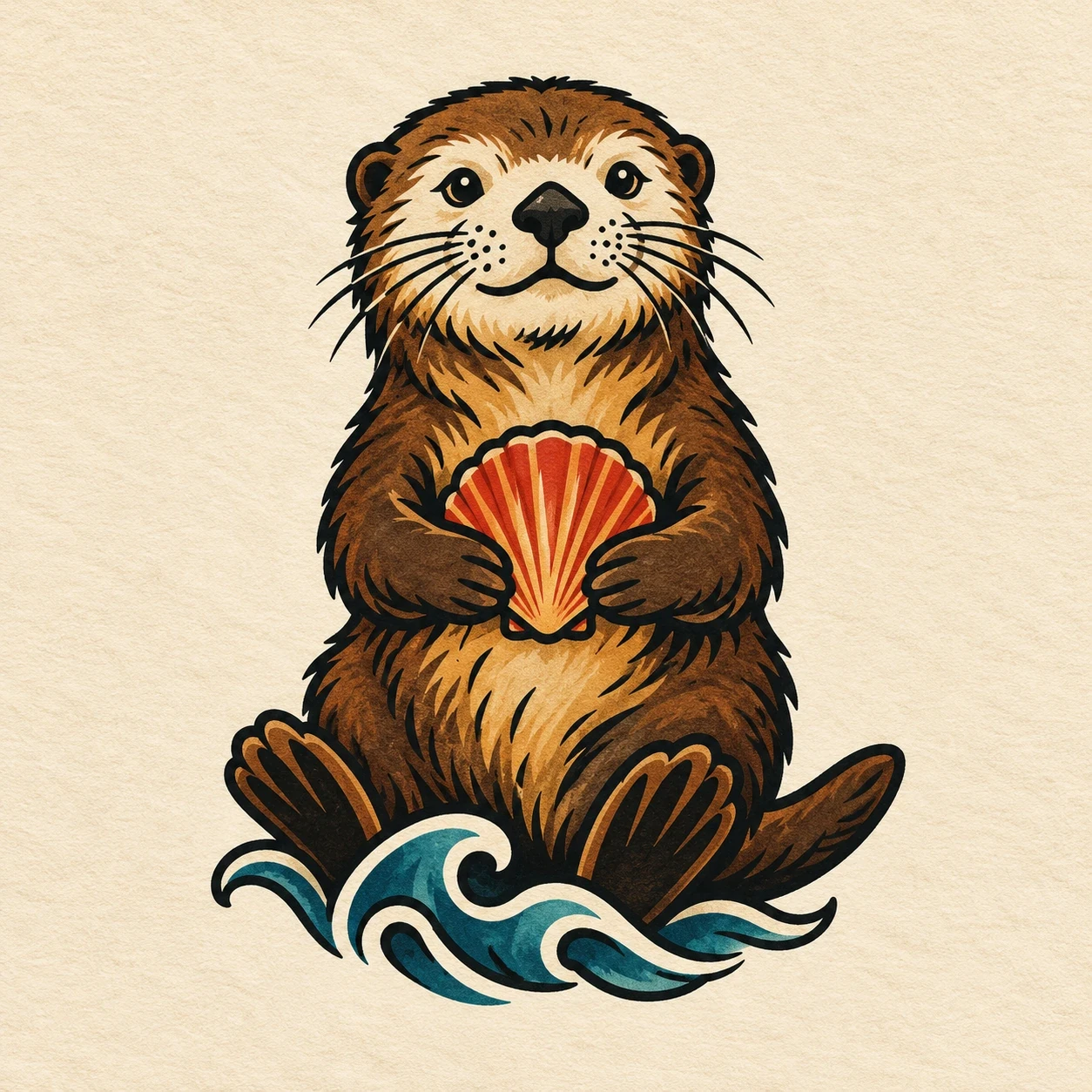 Bold traditional-style seated otter holding an orange shell above a blue wave