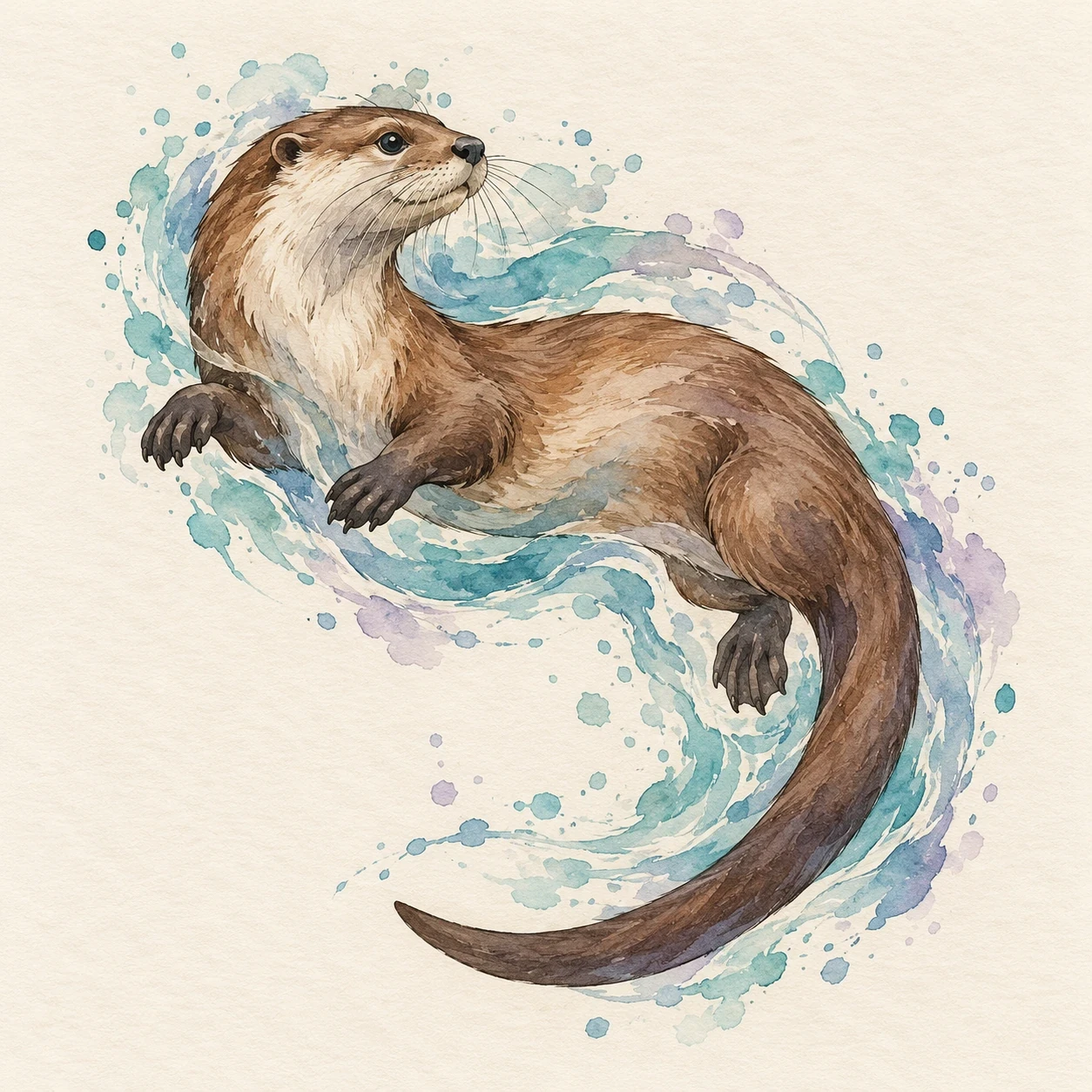 Curled swimming river otter with turquoise and lavender watercolor washes