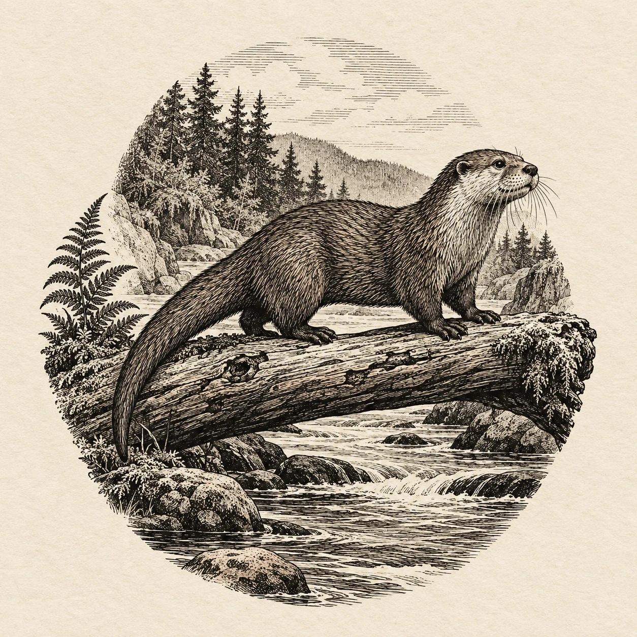 Woodcut-style river otter on a fallen log above a stream, with a fern and forest backdrop